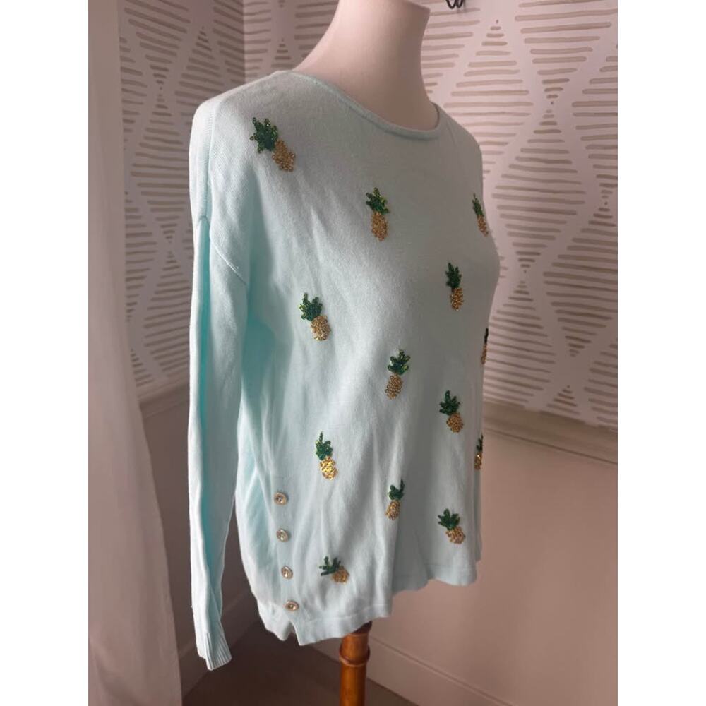 Lilly Pulitzer XS Caralynn Long Sleeve Sweater whisper blue sequin pineapple - Picture 7 of 8